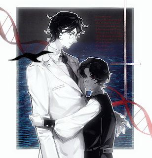 Black and white anime art showing two characters embracing, one in white shirt with tie, digital glitch background