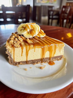 Slice of cheesecake with caramel sauce and whipped cream topping on white plate