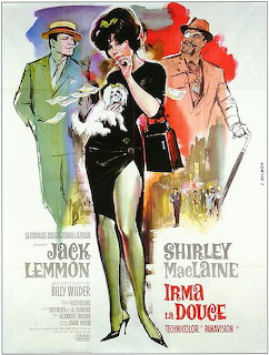 Vintage movie poster for Irma La Douce showing illustrated woman in black with men in green and orange uniforms