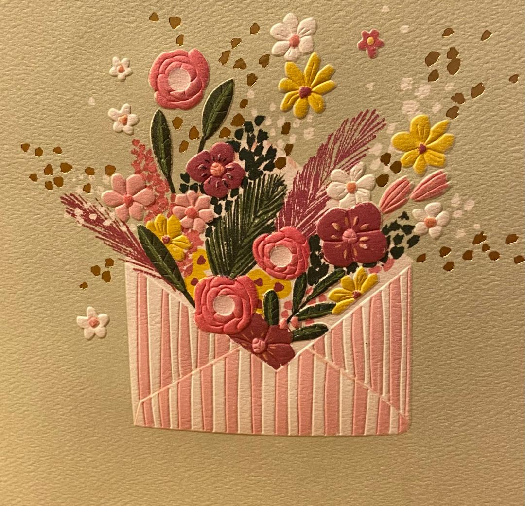 Illustrated striped envelope with a heart-shaped bouquet of pink, yellow, and white flowers