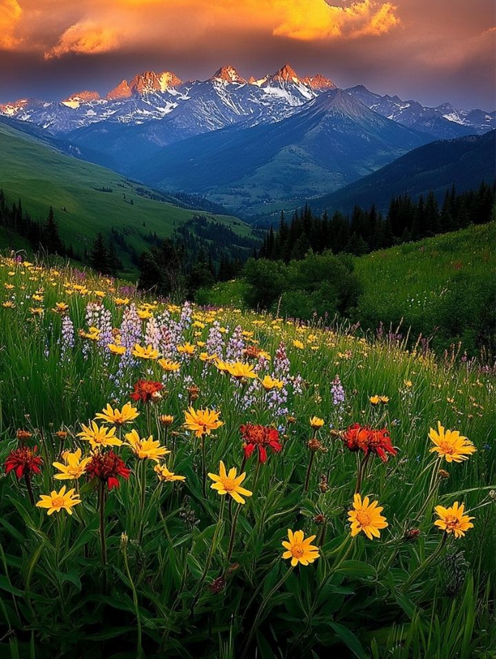 Colorful wildflowers in an alpine meadow near Vail, Colorado, with snow-capped mountain peaks at sunset