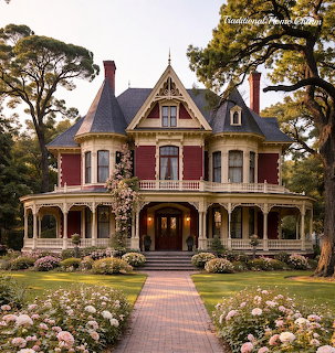 Large Victorian mansion with wraparound porch, flower beds, and a brick walkway leading to the entrance