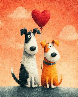Two cartoon dogs sitting together with a red heart-shaped balloon on an orange background