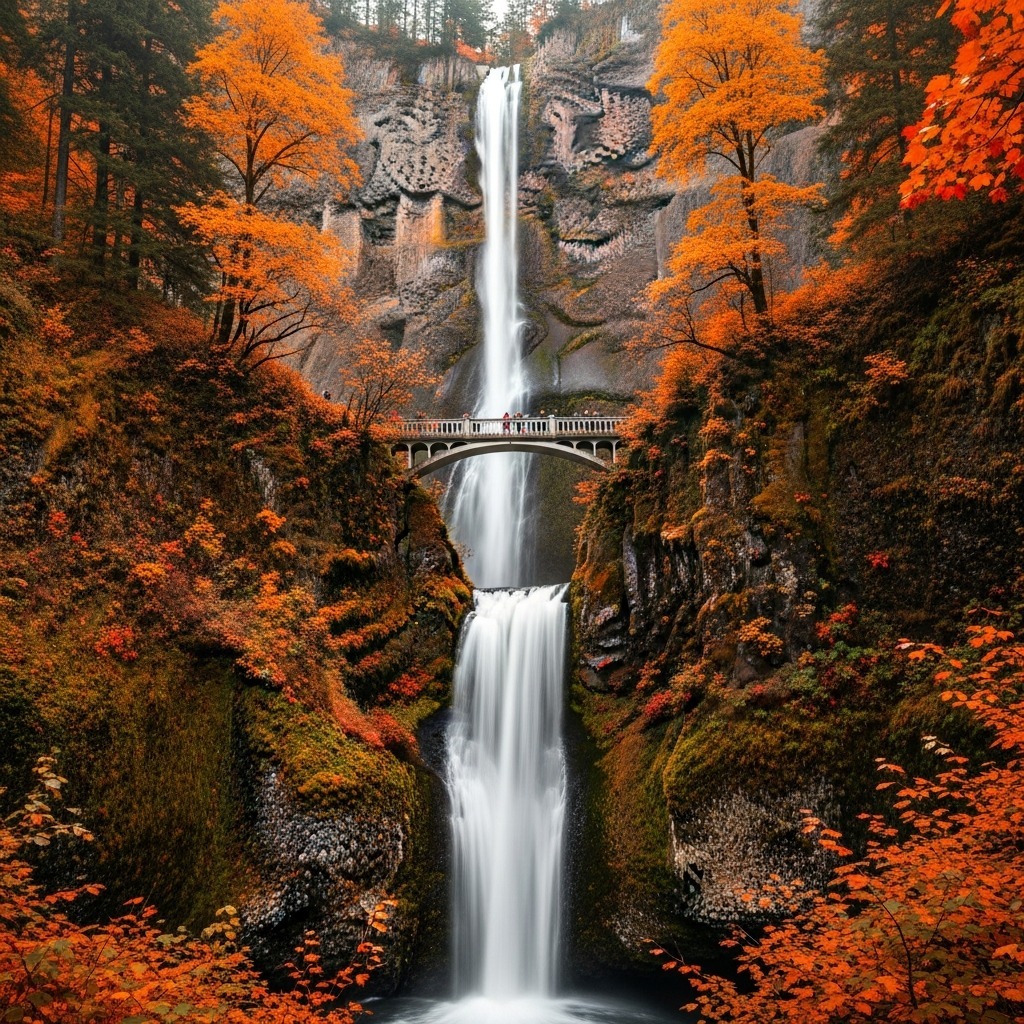 Tall waterfall in a rocky gorge with a bridge and bright orange autumn forest