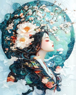 Elegant Asian woman in profile with large white peony and cherry blossom branches adorning her dark flowing hair, teal swirls