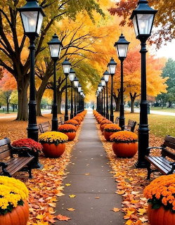 Tree-lined park pathway in autumn with lamp posts, pumpkins, mums, and colorful fallen leaves