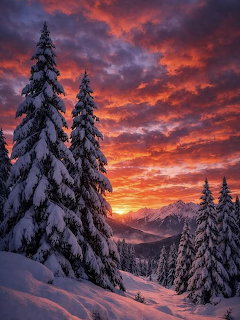 Snow-laden evergreen trees silhouetted against a vivid orange and purple sunset sky in winter mountains