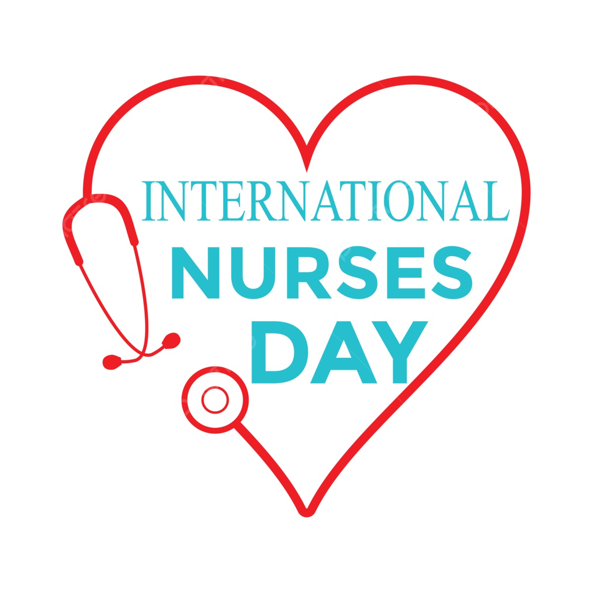 International Nurses Day text inside a red heart outline with a stethoscope on white