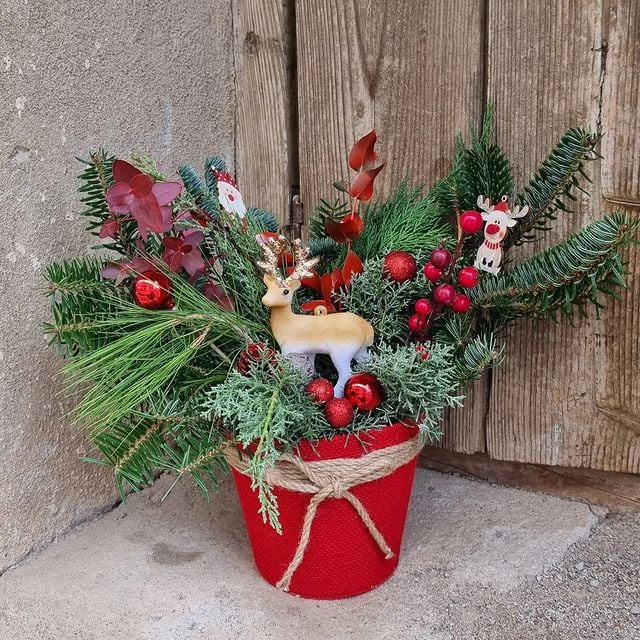 Christmas decoration with evergreen branches, reindeer, berries and pinecones in red pot on wood