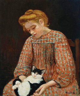 Portrait painting of a girl in checkered dress holding a black and white cat