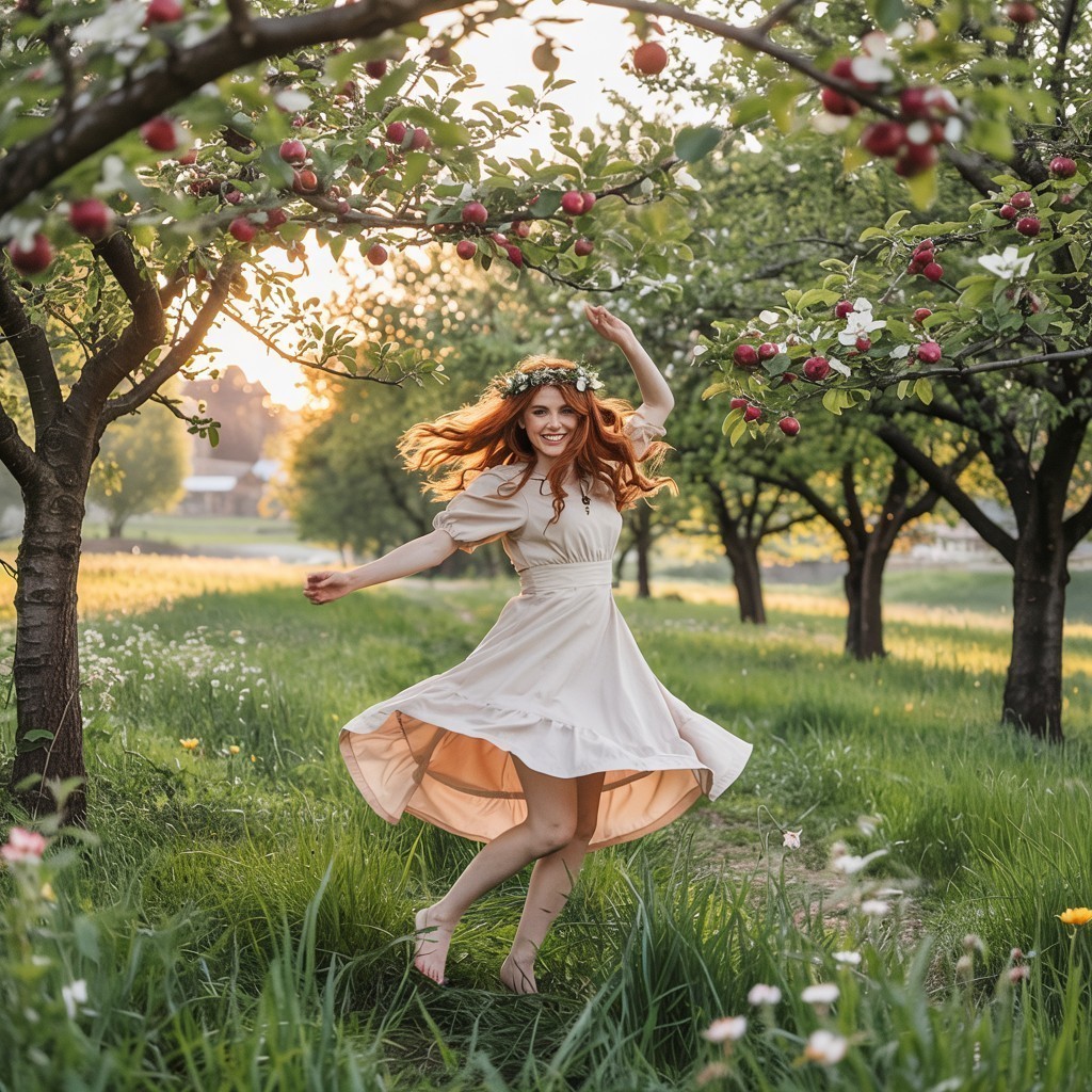 Woman Dancing in Spring Orchard