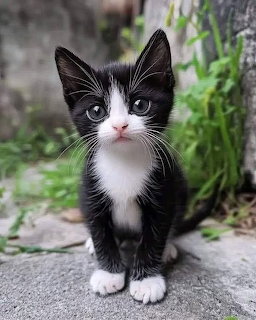 Black and white kitten with blue eyes sitting outdoors on concrete with green foliage in background