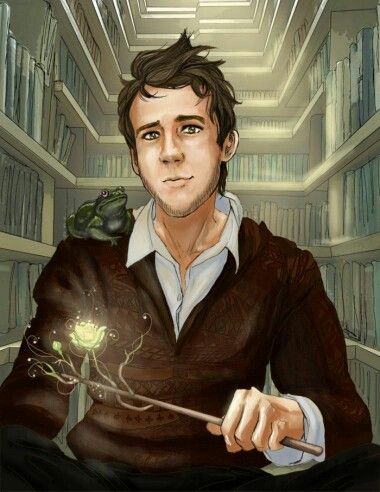 Young man in brown jacket holding glowing wand in a grand library with tall bookshelves