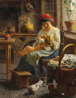 Oil painting of a mother holding her baby in a rustic interior with a kitten on the floor