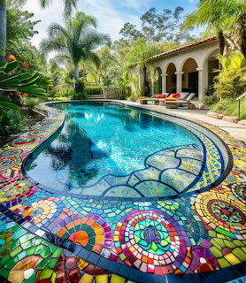 Curved pool with bright mosaic tile designs and palm trees in tropical garden setting