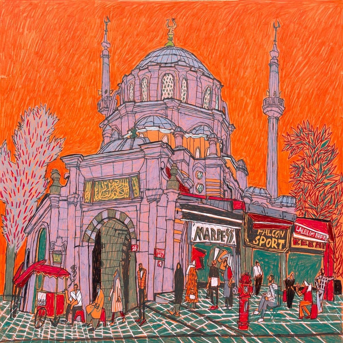Colorful illustration of a mosque in Istanbul with market stalls, trees, and people on a patterned street