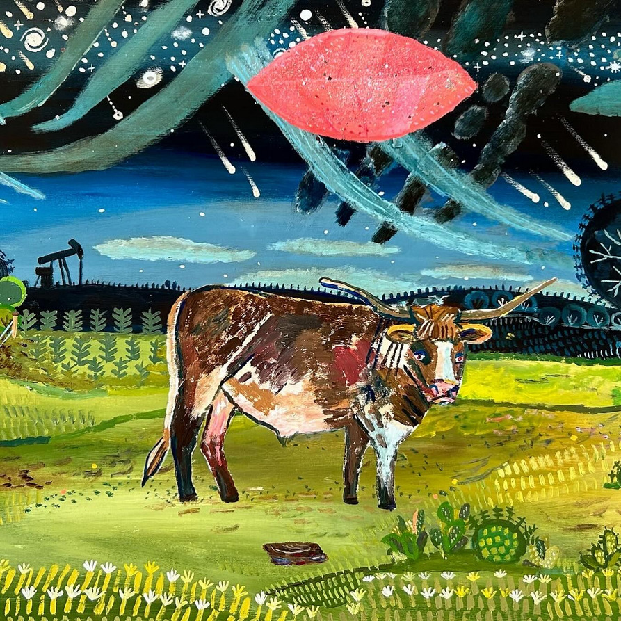 Colorful painting of a cow in a field under a surreal night sky with large red lips