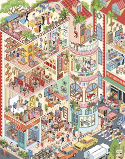 Colorful isometric illustration of apartment building interior showing multiple floors with rooms and people