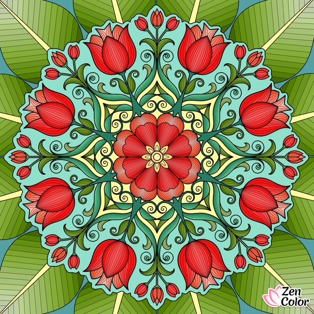 Colorful mandala with red tulips and turquoise swirls on green leaf background
