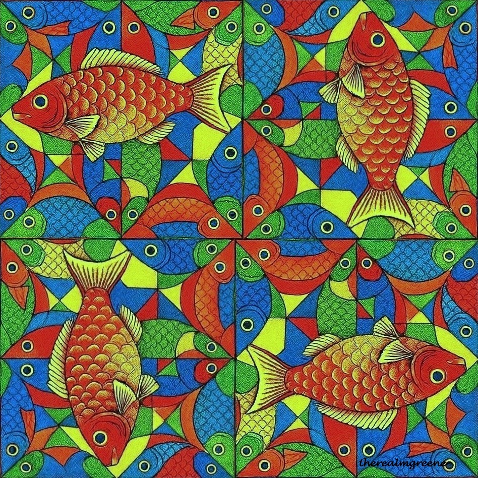 Colorful geometric pattern of interconnected fish in red, blue, green, and yellow