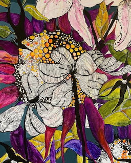 Abstract floral collage with patterned petals in purple, pink, yellow, and black with zentangle designs