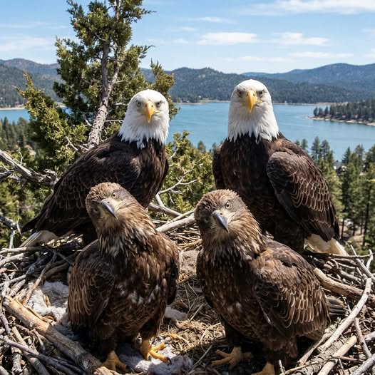 Four bald eagles in nest with lake and mountains behind