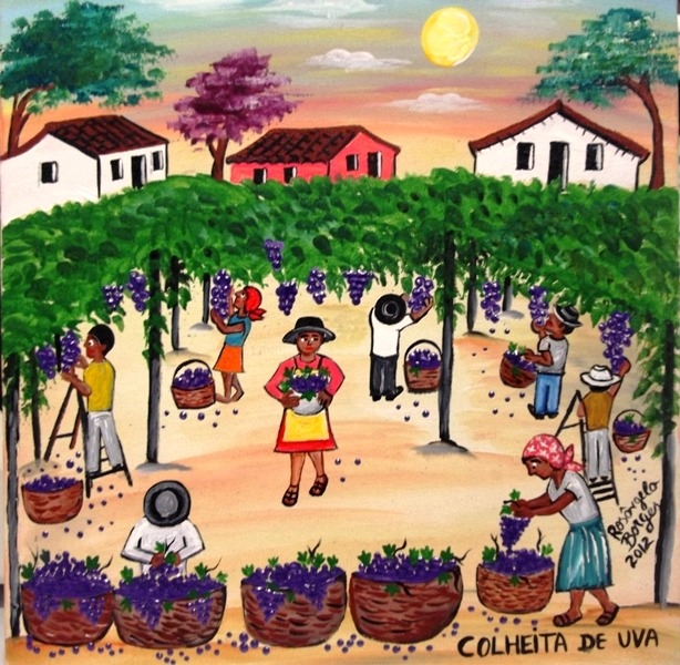Naive painting of people harvesting grapes in a vineyard with baskets and houses