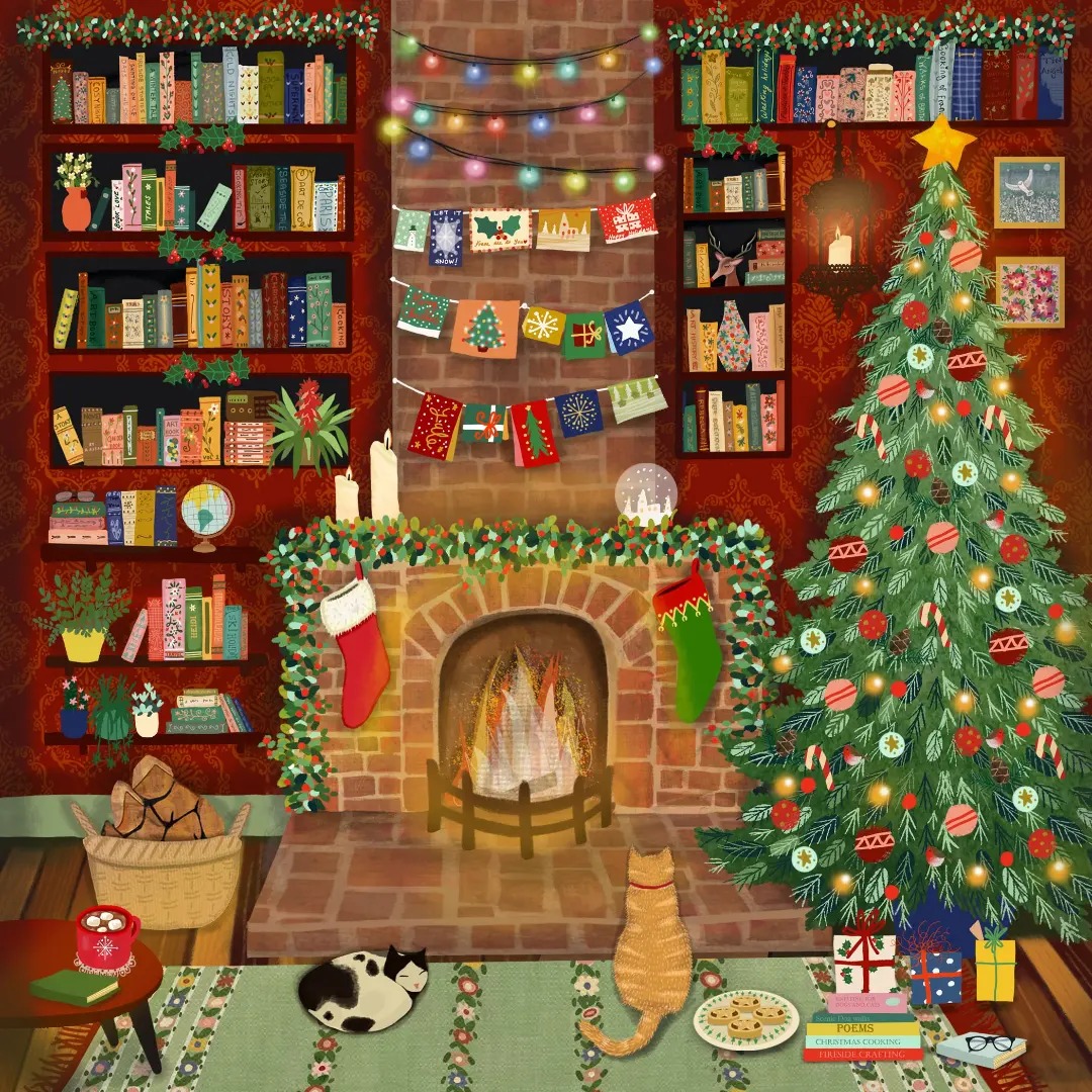 Illustrated Christmas bookshop with tree, fireplace, bookshelves, string lights, gifts, and cats on floor