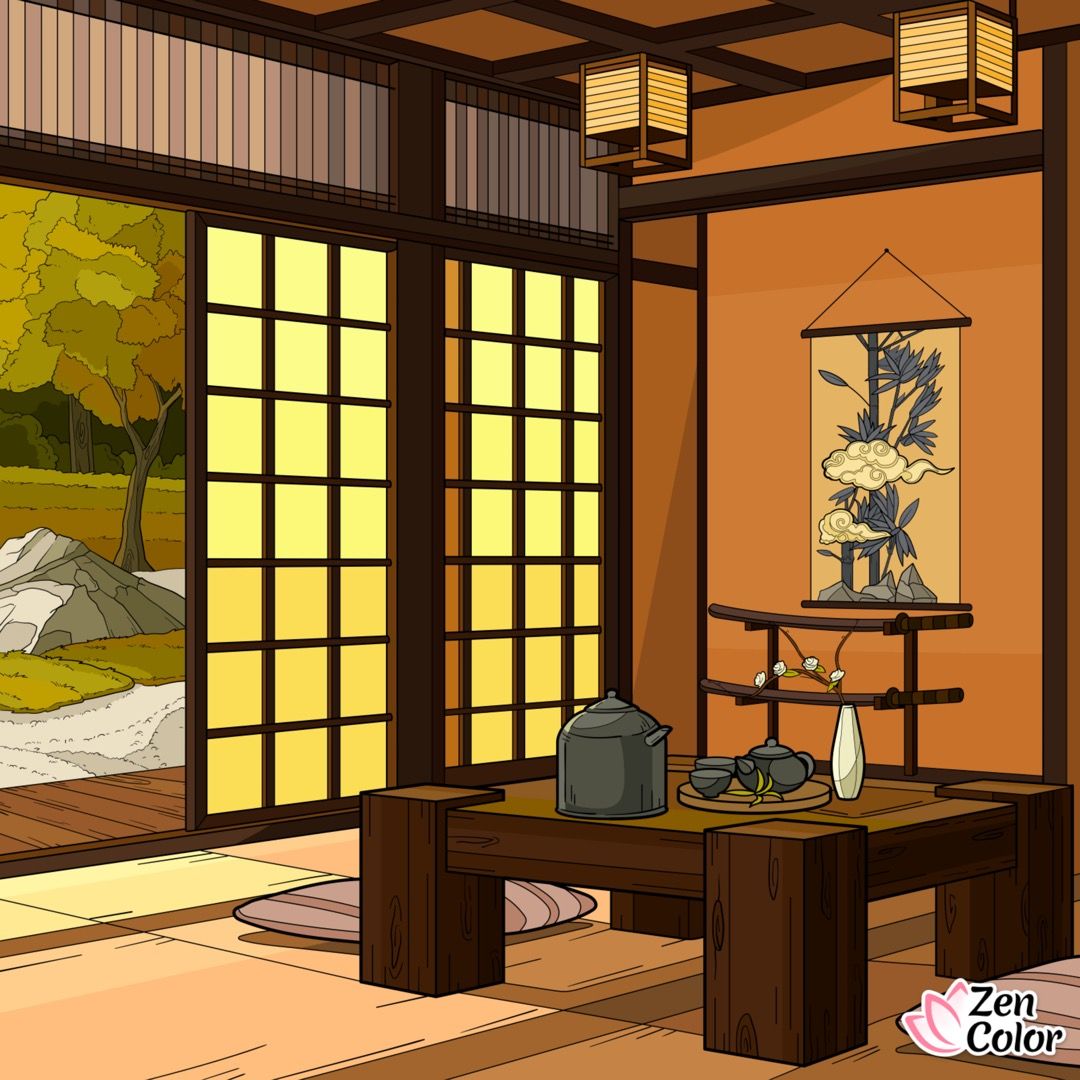 Japanese-style living room illustration with shoji doors, low table, wall scroll, and garden outside