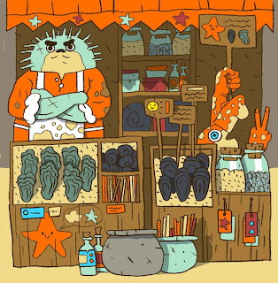 Cartoon robot with spiky head in orange apron standing in cluttered workshop with shelves, tools, and mechanical parts