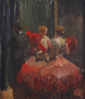 Impressionist oil painting of two women in red stage costumes seen from behind near dark curtains