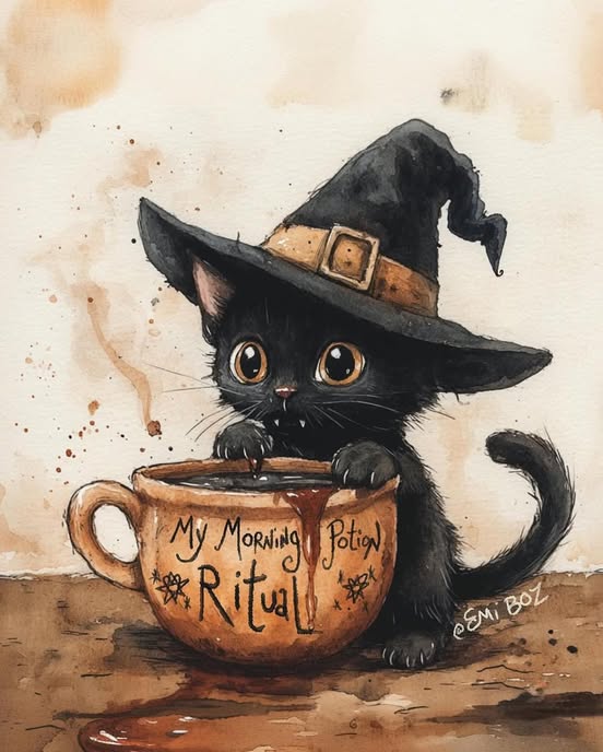 Watercolor art of black kitten in witch hat inside a potion-labeled teacup