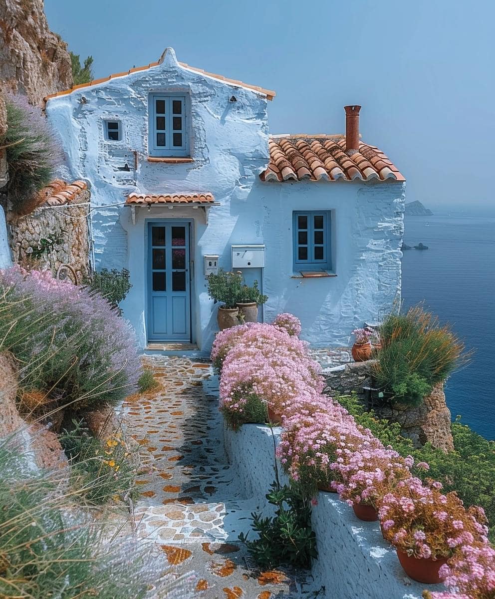 Blue cottage on cliff edge surrounded by pink flowers overlooking calm sea