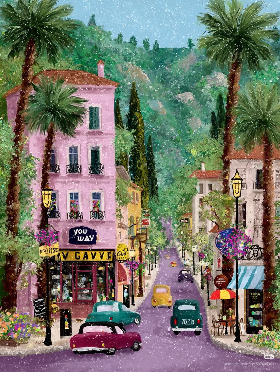 Painted village street with palm trees, pastel buildings, vintage cars, and green hillside