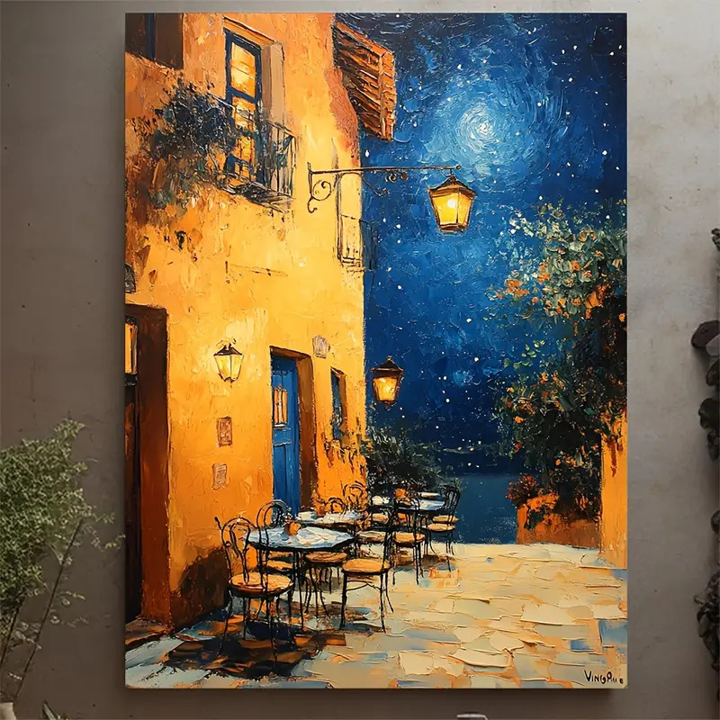 Painting of an outdoor cafe by a yellow building under a starry night sky