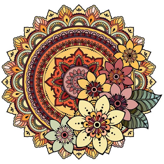 Circular mandala with concentric geometric patterns and flower motifs in warm colors