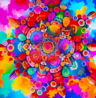 Colorful digital mandala with intricate geometric patterns and vibrant neon colors radiating from center