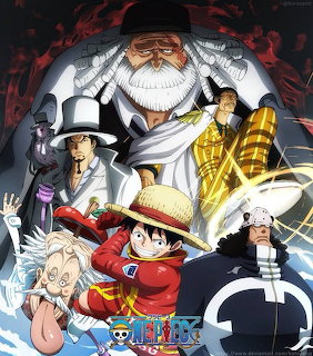 One Piece anime characters with Luffy in center wearing red vest and straw hat, crew members around him