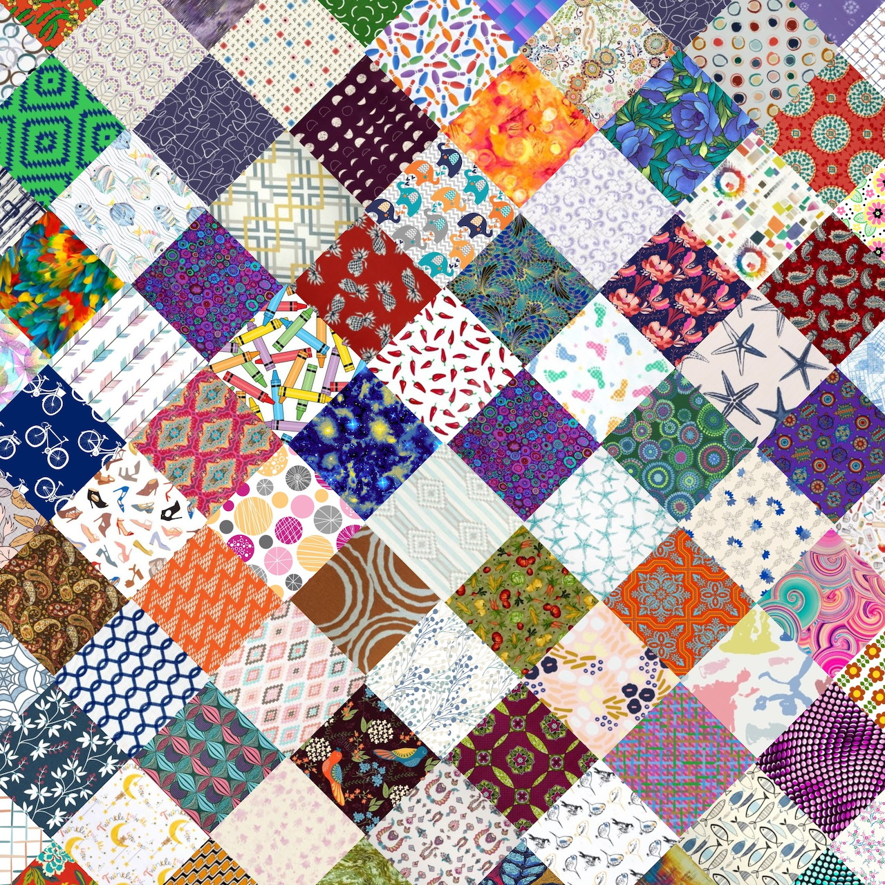 Colorful patchwork quilt with diamond patches in various patterns and colors arranged in diagonal rows