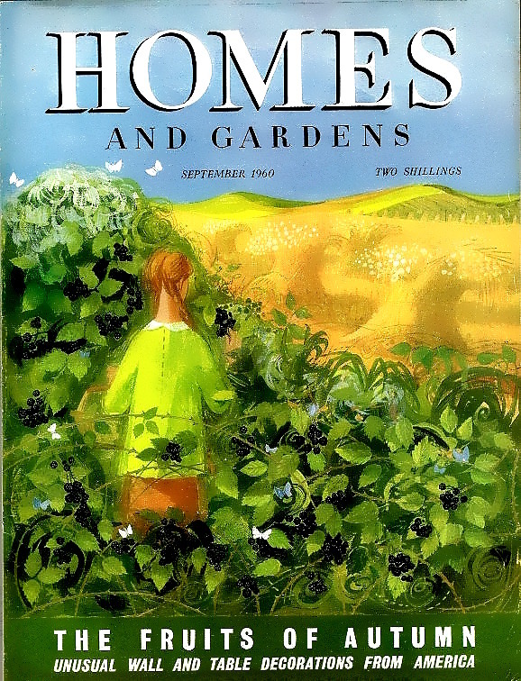 Vintage Homes and Gardens magazine cover with person in green coat among berry bushes and autumn landscape