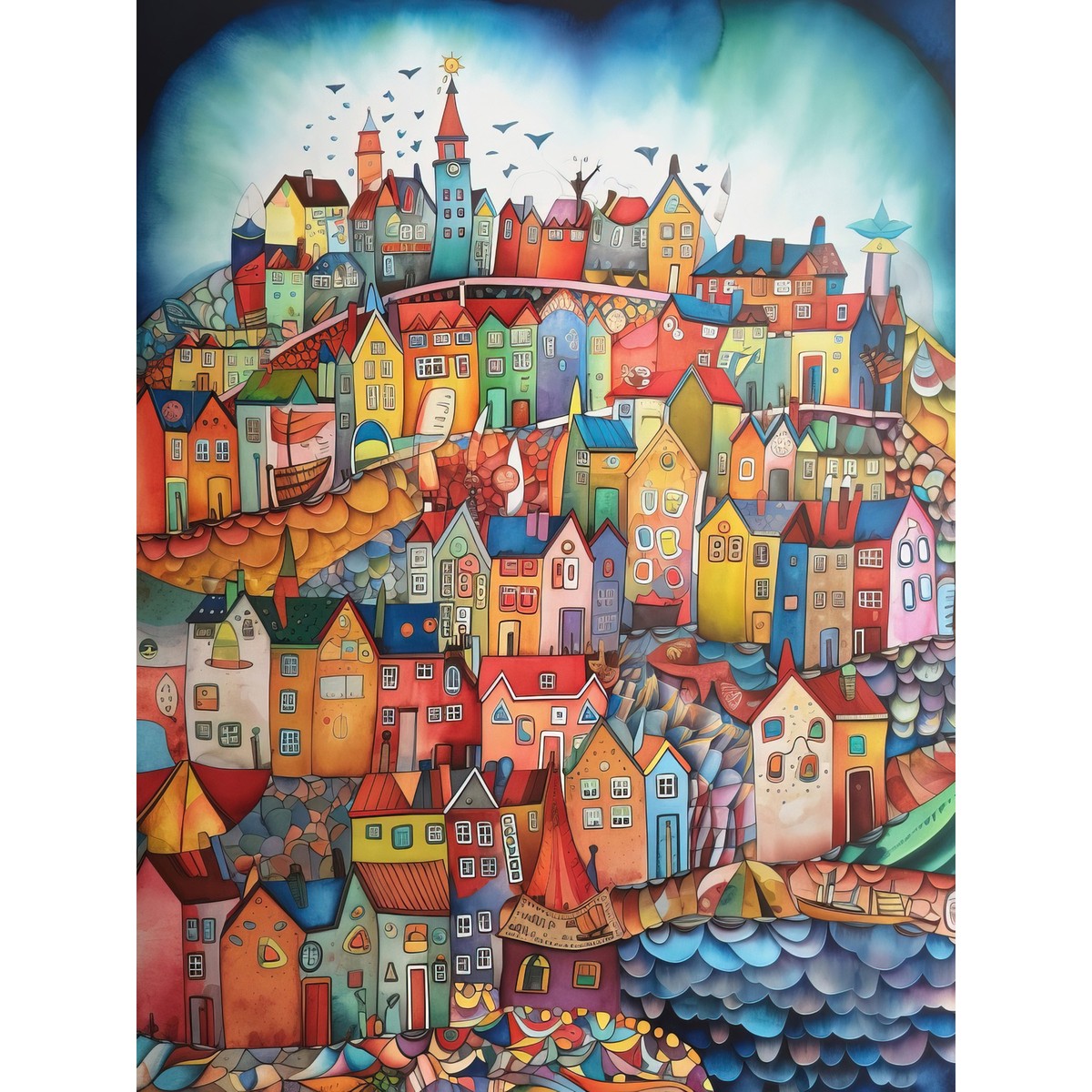 Colorful abstract village painting with clustered houses, rooftops, and winding streets on a hillside
