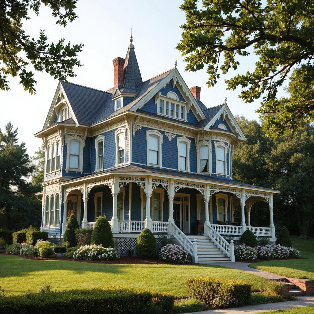 Blue Victorian mansion with white trim, turrets, and wraparound porch on green lawn