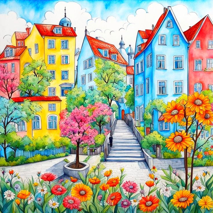 Colorful Spring Street Scene