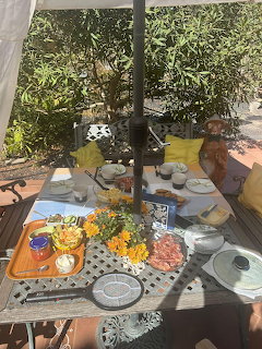 Sunlit outdoor breakfast table with plates, flowers, and drinks in a garden setting