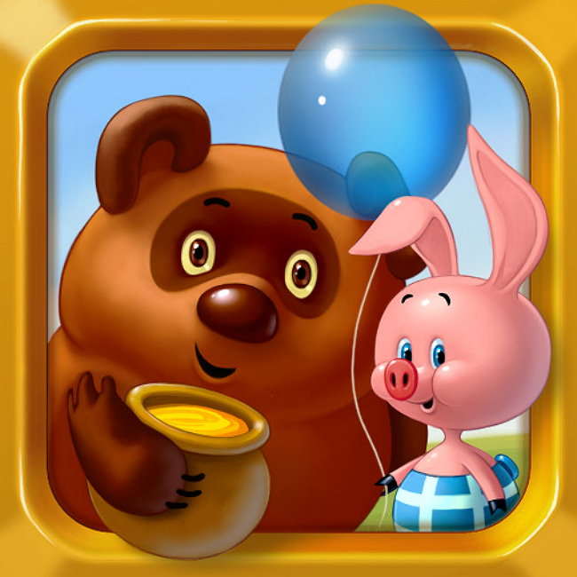 Cartoon bear with honey pot and pink pig holding blue balloon