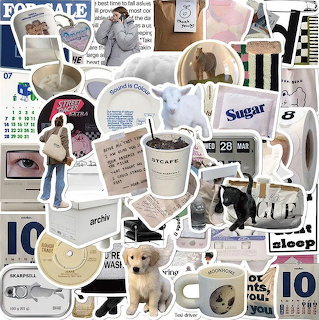 Collage of assorted stickers with coffee, cats, dog, numbers, notes, and fashion images