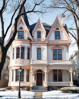 Pink Victorian mansion with turrets and ornate trim in winter