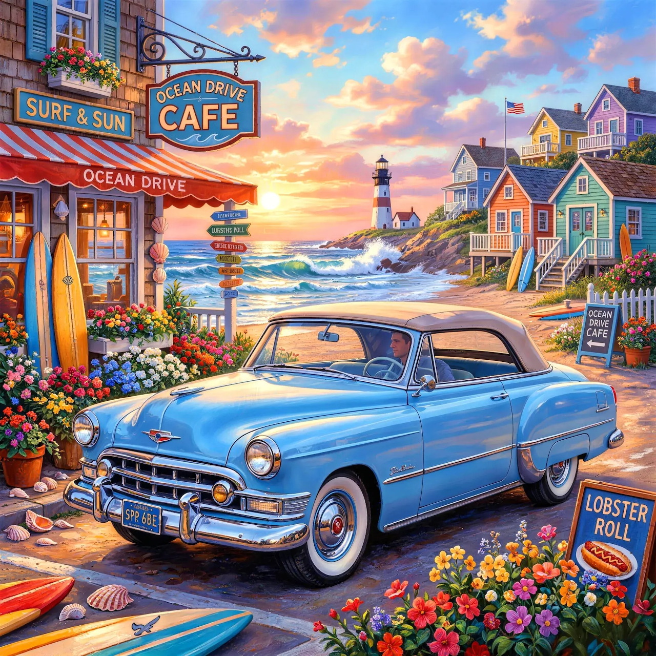 Classic blue convertible car in front of Ocean Drive Cafe with lighthouse and coastal town at sunset