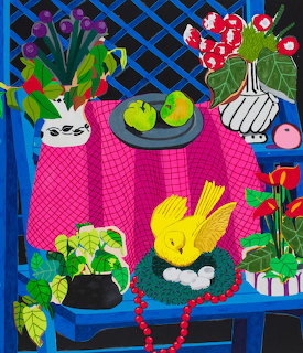 Folk art painting of yellow bird with potted plants, pears, and red orchid on pink tablecloth