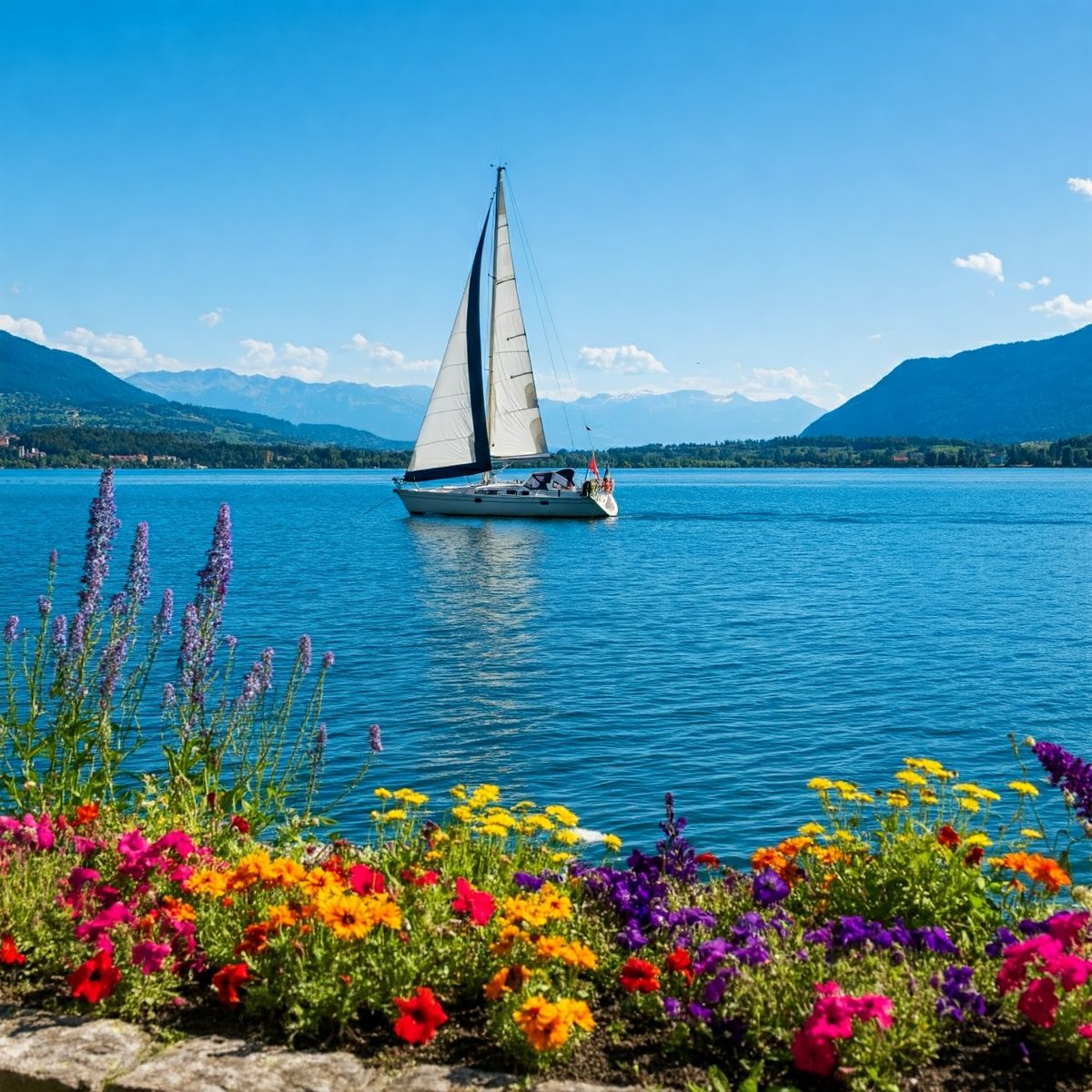 White sailboat on a blue lake with mountains behind and bright flowers in the foreground